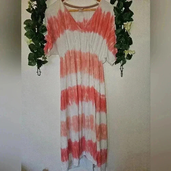 Knox Rose Boho Tie Dye Midi Dress XS Coral Pink Summer Peasant Tiered Maxi - Picture 4 of 11